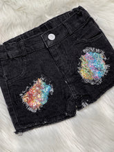 Load image into Gallery viewer, Elsie Black Denim Distressed Sequin Patch Shorts - Rusty Soul