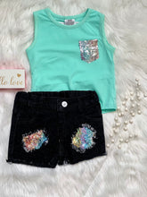 Load image into Gallery viewer, Elsie Black Denim Distressed Sequin Patch Shorts - Rusty Soul