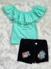 Load image into Gallery viewer, Elsie Black Denim Distressed Sequin Patch Shorts - Rusty Soul