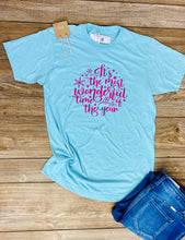 Load image into Gallery viewer, Norah Wonderful Time Of The Year Blue & Pink Christmas Tee - Rusty Soul
