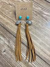 Load image into Gallery viewer, Turquoise Stud & Brown Fringe Leather Earrings - Rusty Soul