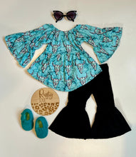 Load image into Gallery viewer, Abby Longhorn Turquoise Bell Sleeve Girls Top