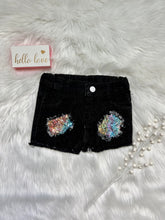 Load image into Gallery viewer, Elsie Black Denim Distressed Sequin Patch Shorts - Rusty Soul