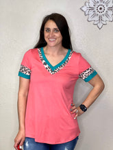 Load image into Gallery viewer, Mckenzie Coral Relaxed Fit Shirt With Turquoise &amp; Cheetah Accents - Rusty Soul