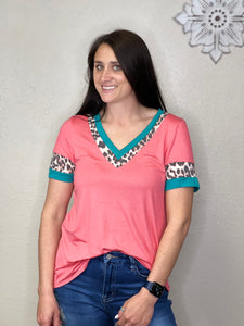 Mckenzie Coral Relaxed Fit Shirt With Turquoise & Cheetah Accents - Rusty Soul