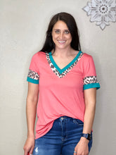 Load image into Gallery viewer, Mckenzie Coral Relaxed Fit Shirt With Turquoise &amp; Cheetah Accents - Rusty Soul