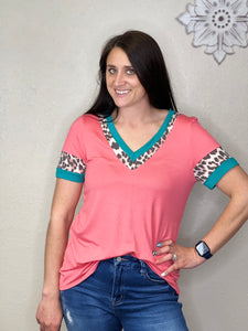 Mckenzie Coral Relaxed Fit Shirt With Turquoise & Cheetah Accents - Rusty Soul