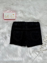 Load image into Gallery viewer, Elsie Black Denim Distressed Sequin Patch Shorts