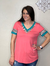 Load image into Gallery viewer, Mckenzie Coral Relaxed Fit Shirt With Turquoise &amp; Cheetah Accents - Rusty Soul