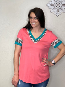 Mckenzie Coral Relaxed Fit Shirt With Turquoise & Cheetah Accents - Rusty Soul