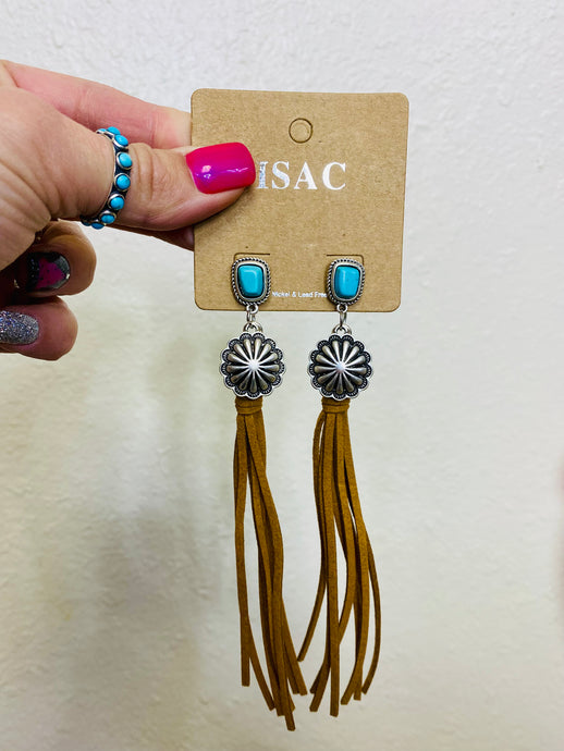 Turquoise Stud & Brown Fringe Leather Earrings - Rusty Soul