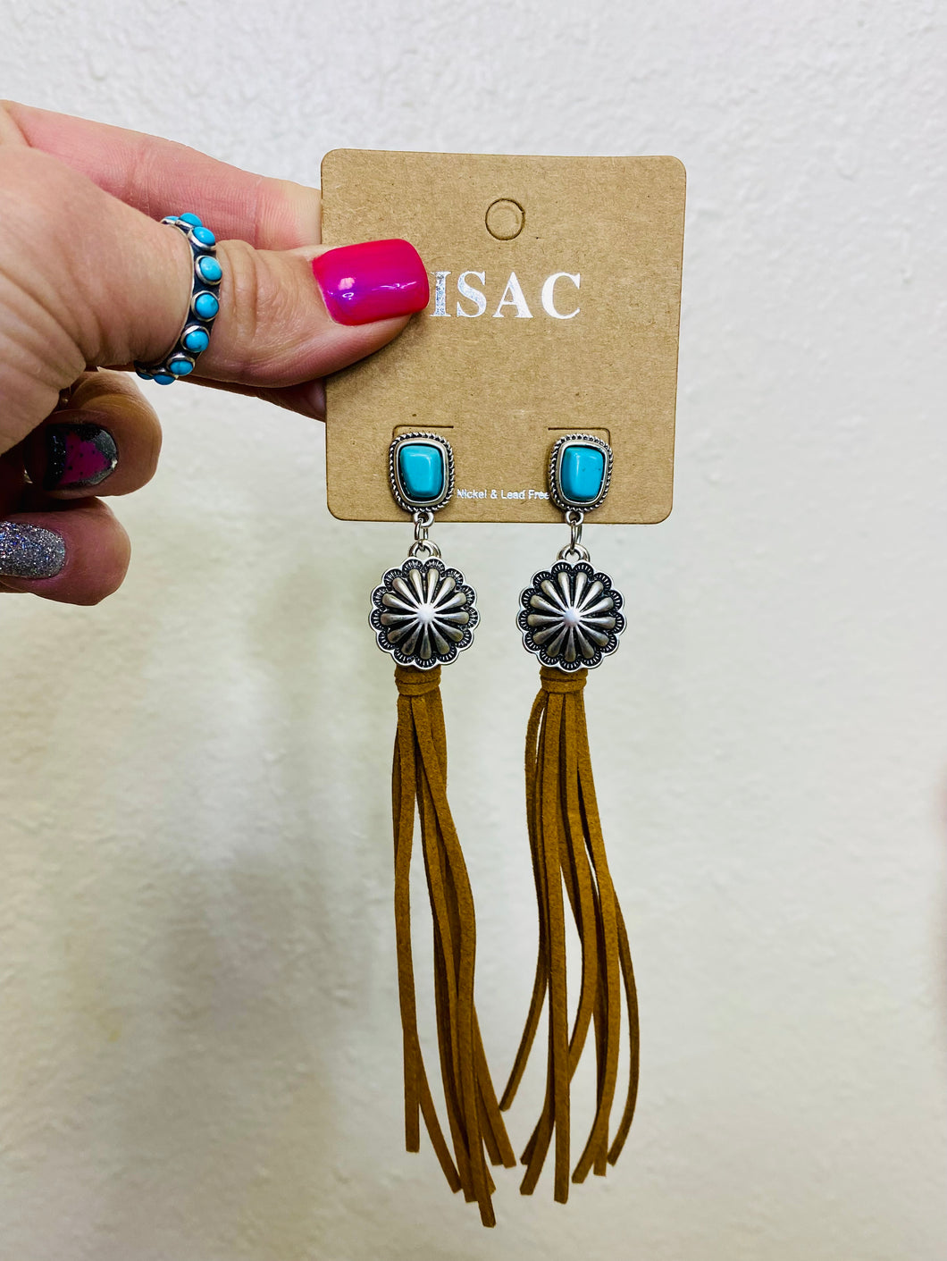 Turquoise Stud & Brown Fringe Leather Earrings - Rusty Soul