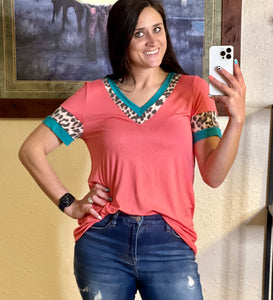 Mckenzie Coral Relaxed Fit Shirt With Turquoise & Cheetah Accents - Rusty Soul