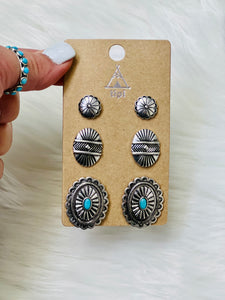 Tipi Turquoise & Silver 3 Card Earring Set