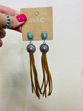 Load image into Gallery viewer, Turquoise Stud &amp; Brown Fringe Leather Earrings - Rusty Soul