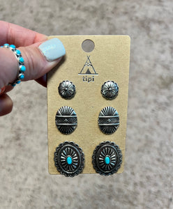 Tipi Turquoise & Silver 3 Card Earring Set