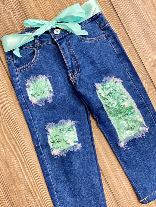 Alyssa Mint Sequence Patch Jeans - Rusty Soul