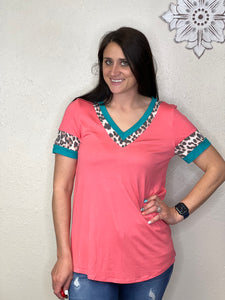 Mckenzie Coral Relaxed Fit Shirt With Turquoise & Cheetah Accents - Rusty Soul