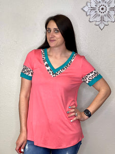 Mckenzie Coral Relaxed Fit Shirt With Turquoise & Cheetah Accents - Rusty Soul